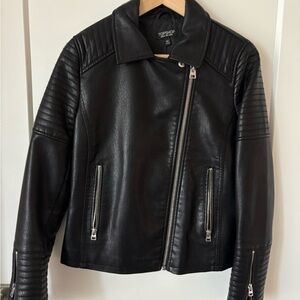 EUC Topshop Black Leather Moto Jacket with Quilted Detailing